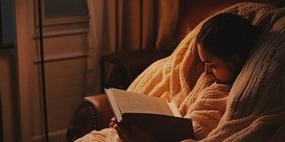 selected-01-cozy-evening-bedroom-reading-optimized Person insvept i filt läser en bok i varmt kvällsljus